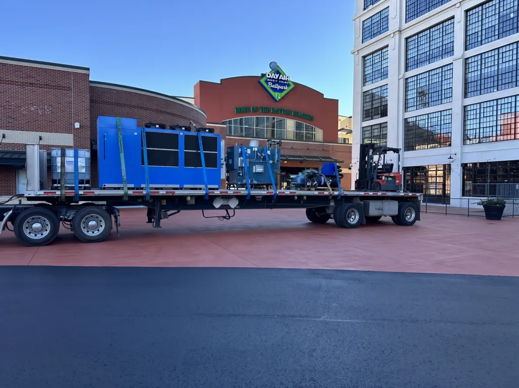 flatbed truck delivering to the Dayton Dragons